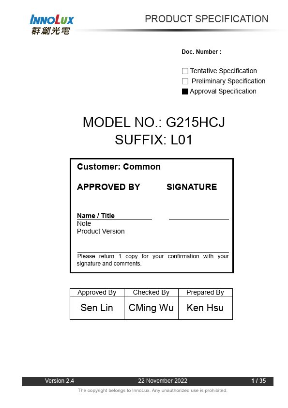 G215HCJ-L01 Datasheet Preview