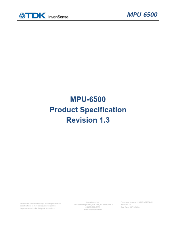 MPU-6500 6-axis MotionTracking device by InvenSense - Datasheet Preview