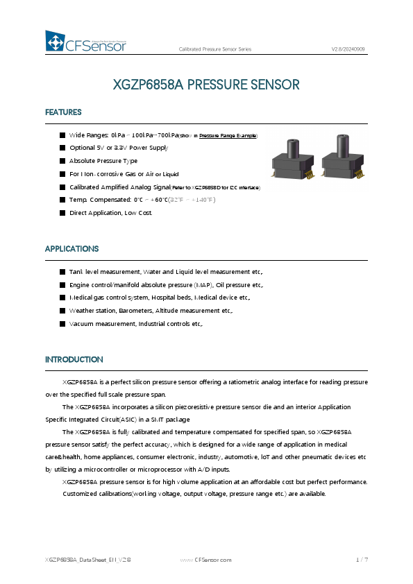 XGZP6858A Calibrated Pressure Sensor by CFSensor - Datasheet Preview
