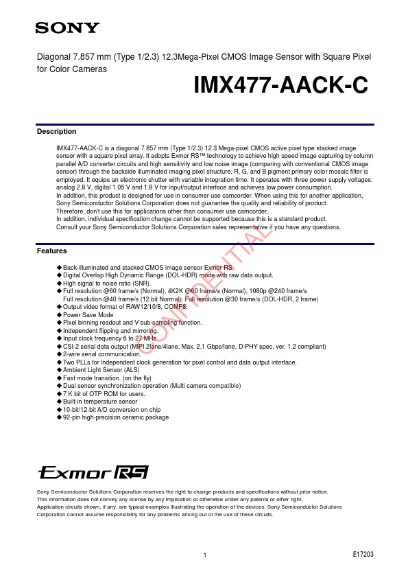 IMX477-AACK-C 12.3Mega-Pixel CMOS Image Sensor by Sony - Datasheet Preview