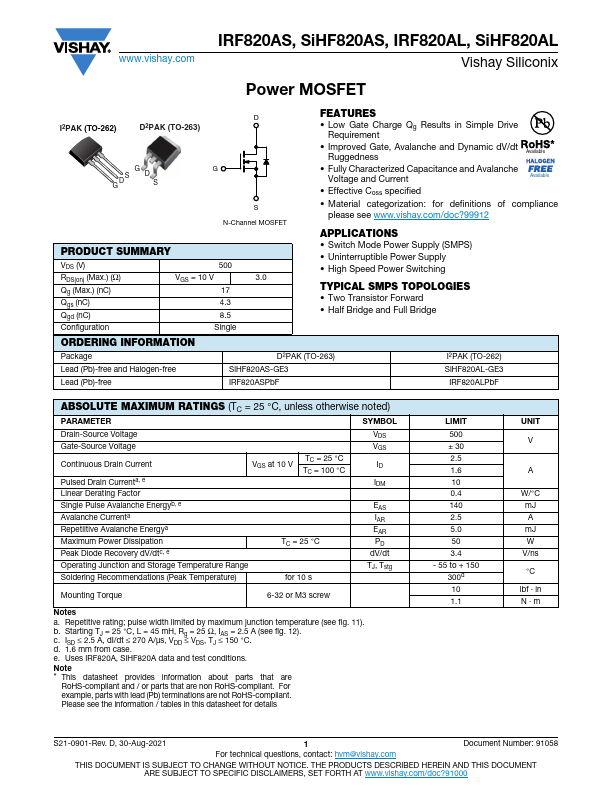 SiHF820AL Datasheet Preview