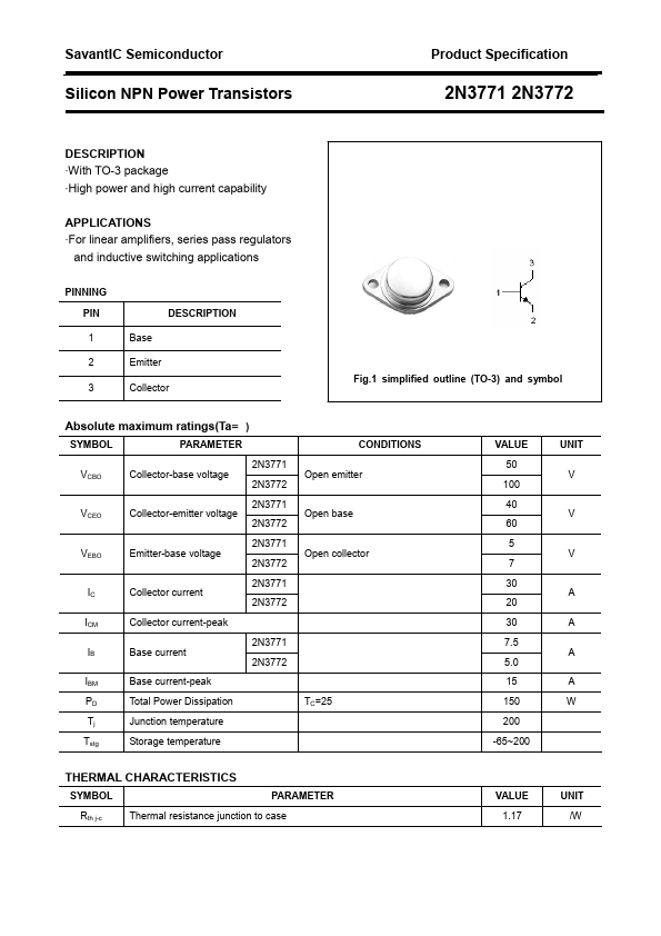 2N3771 NTE Electronics - Tranzistor: NPN | Bipolar; 40V; 30A; 150W; TO3 - Foto 4
