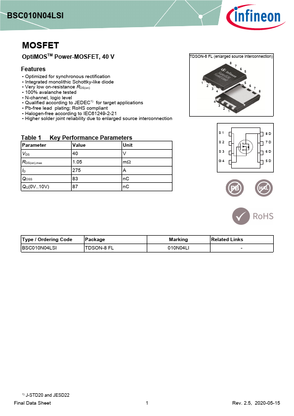BSC010N04LSI Datasheet Preview