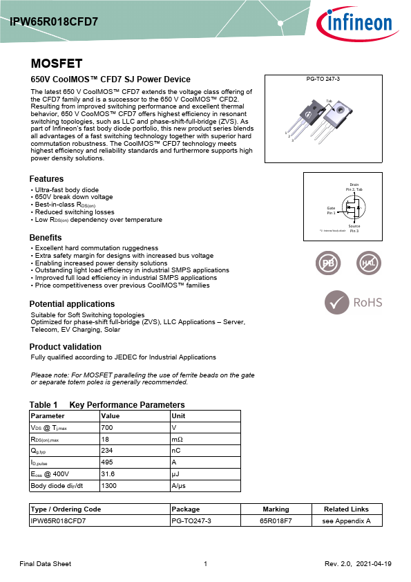 IPW65R018CFD7 Datasheet Preview