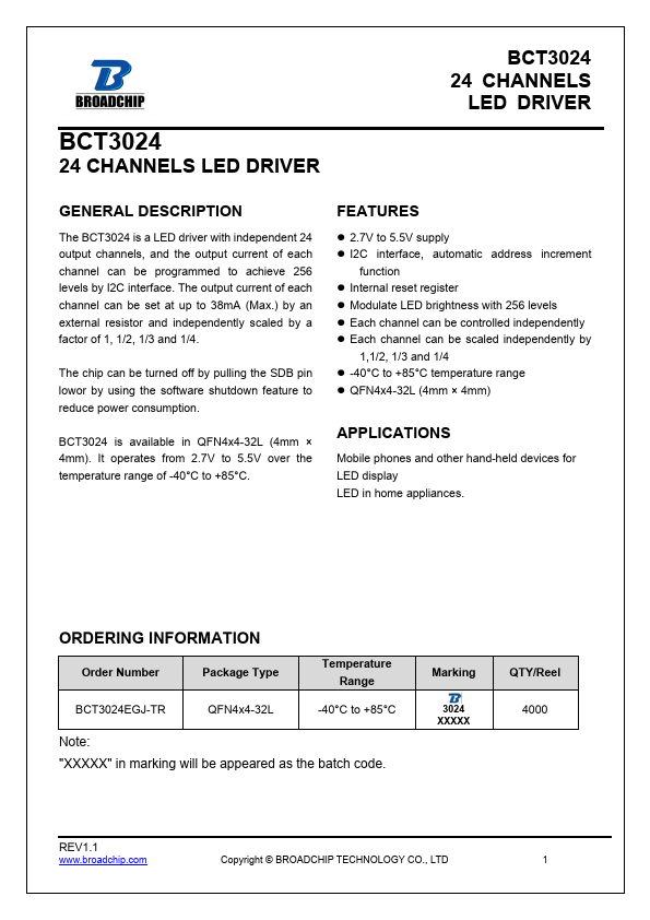 BCT3024 24-CHANNELS LED DRIVER by BROADCHIP - Datasheet Preview