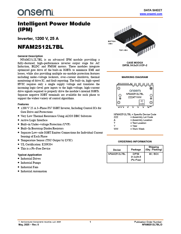 NFAM2512L7BL Intelligent Power Module by ON Semiconductor - Datasheet Preview
