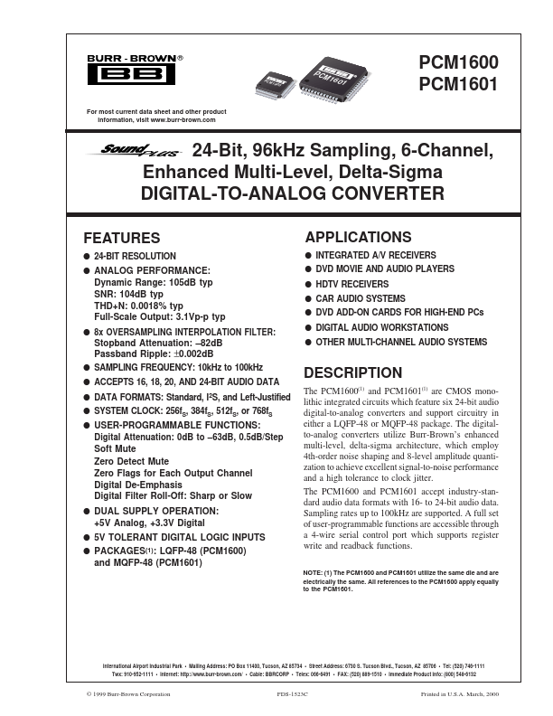 PCM1600 24-Bit 6-Channel DIGITAL-TO-ANALOG CONVERTER by Burr-Brown - Datasheet Preview