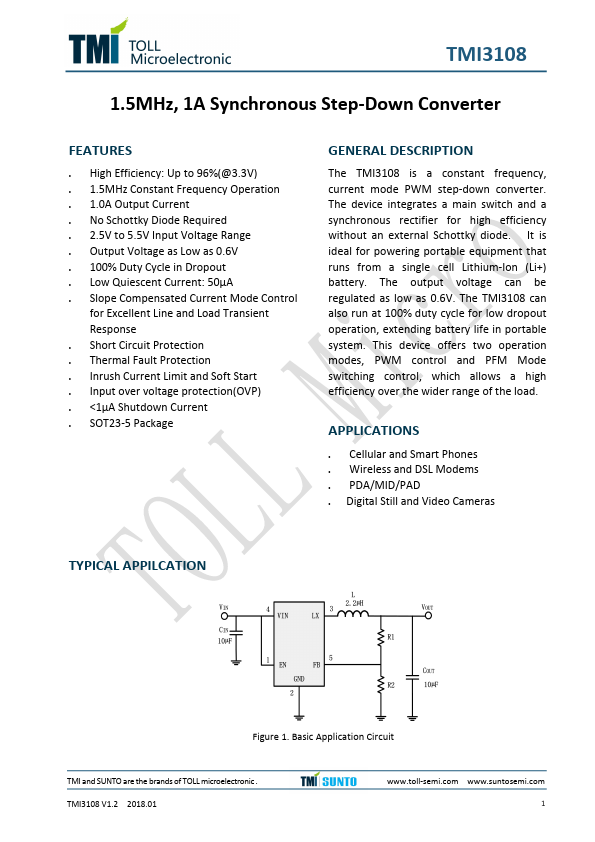 TMI3108 1.5MHz 1A Synchronous Step-DownConverter by TOLL - Datasheet Preview
