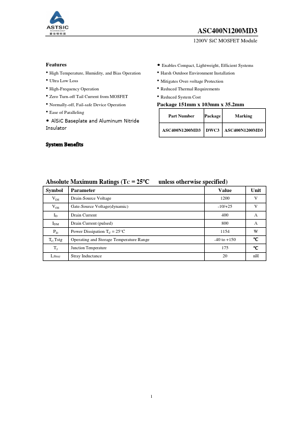 ASC400N1200MD3 1200V SiC MOSFET Module by ASTSIC - Datasheet Preview