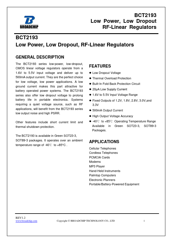 BCT2193 Low Power RF-Linear Regulators by BROADCHIP - Datasheet Preview
