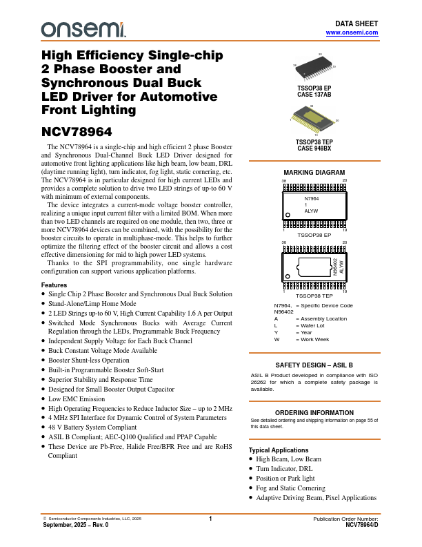 NCV78964 High Efficiency Single-chip 2 Phase Booster and Synchronous Dual Buck LED Driver by ON Semiconductor - Datasheet Preview