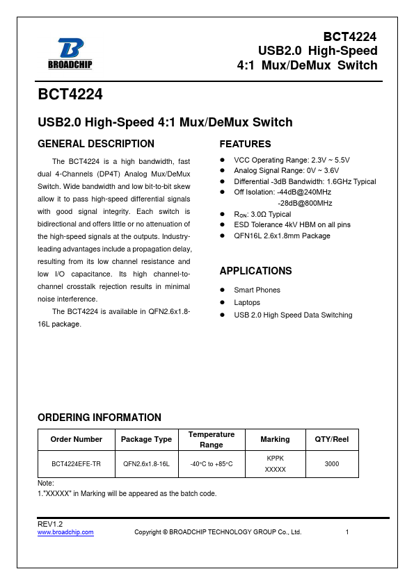 BCT4224 USB2.0 High-Speed 4:1 Mux/DeMux Switch by BROADCHIP - Datasheet Preview