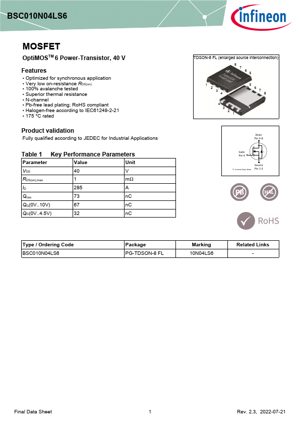 BSC010N04LS6 Datasheet Preview