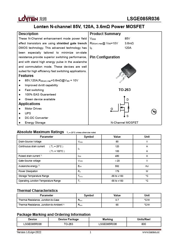 LSGE085R036 N-channel 85V 120A Power MOSFET by Lonten - Datasheet Preview