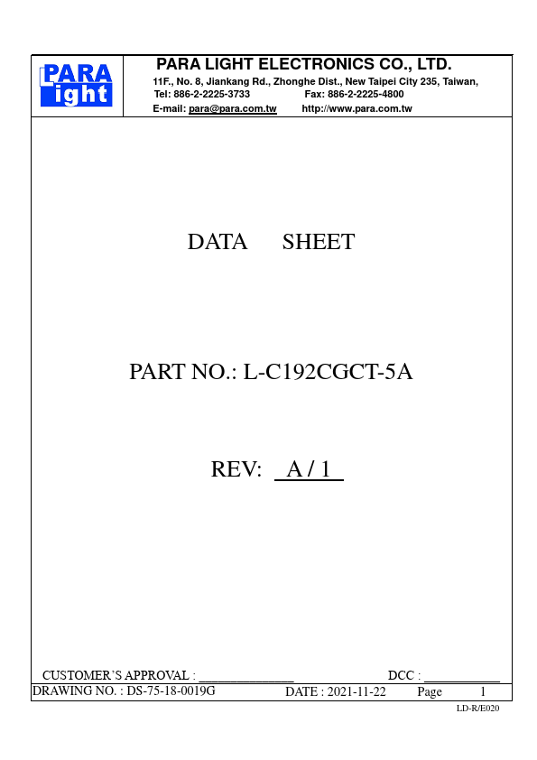 L-C192CGCT-5A SURFACE MOUNT DEVICE LED by PARA LIGHT - Datasheet Preview