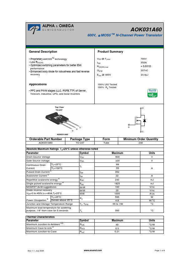 AOK031A60 600V N-Channel Power Transistor by Alpha & Omega Semiconductors - Datasheet Preview