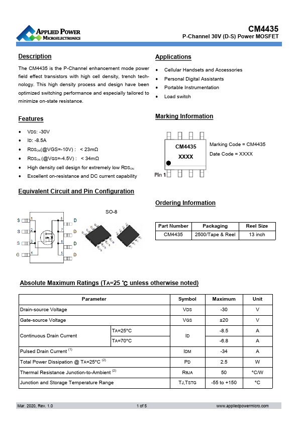 CM4435 P-Channel 30V Power MOSFET by Applied Power Microelectronics - Datasheet Preview