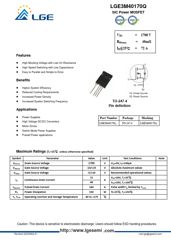 LGE3M40170Q SiC Power MOSFET by LGE - Datasheet Preview