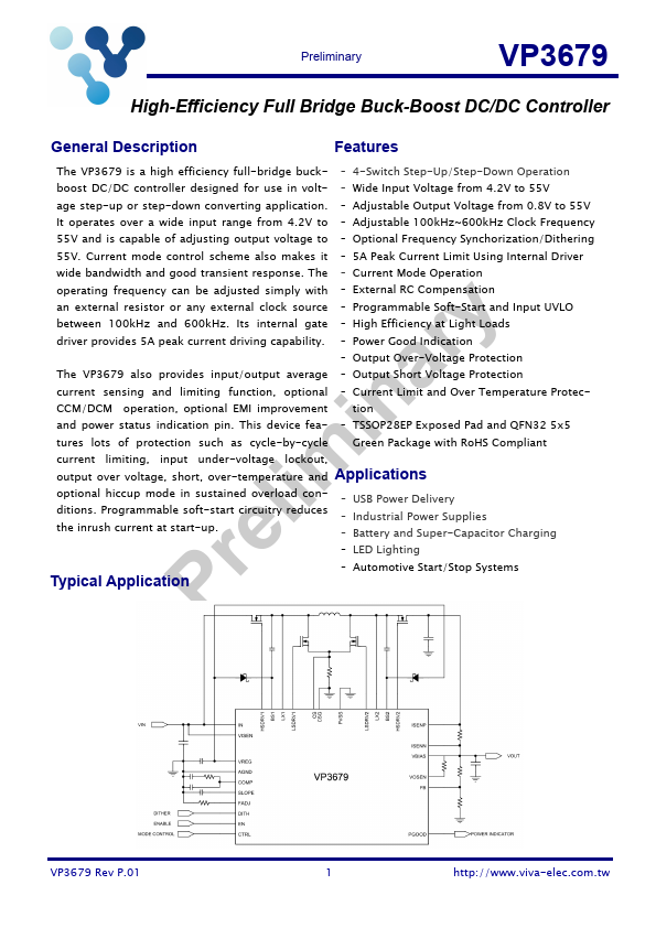 VP3679 High-Efficiency Full Bridge Buck-Boost DC/DC Controller by Viva Electronics - Datasheet Preview
