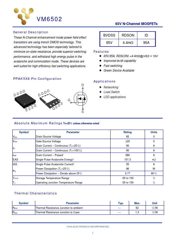 VM6502 65V N-Channel MOSFET by Viva Electronics - Datasheet Preview