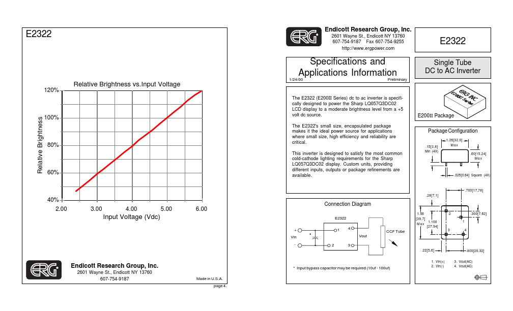 E2322 Single Tube DC to AC Inverter by ERG - Datasheet Preview