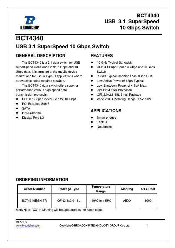 BCT4340 USB 3.1 SuperSpeed 10 Gbps Switch by BROADCHIP - Datasheet Preview