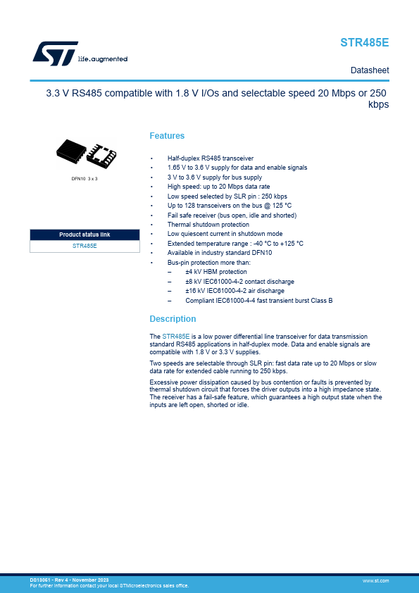 STR485E 3.3V RS485 compatible by STMicroelectronics - Datasheet Preview