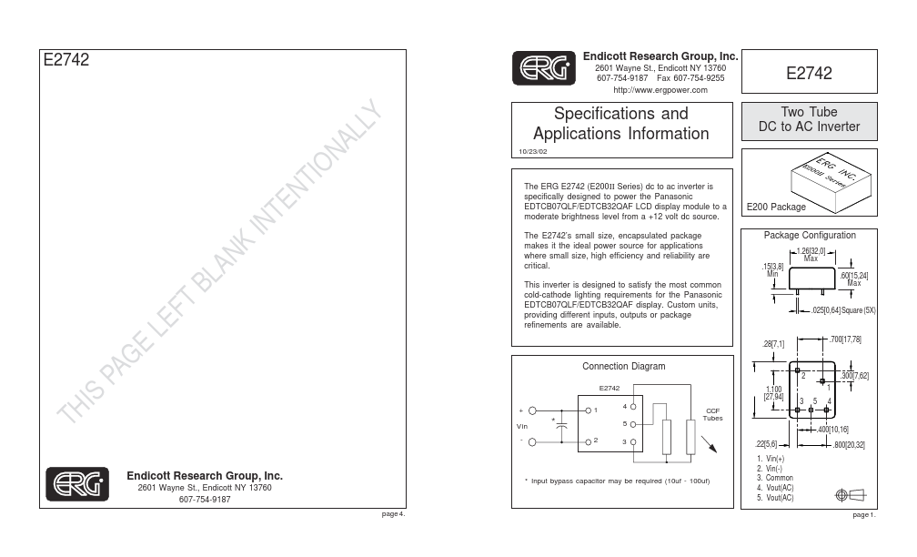 E2742 Two Tube DC to AC Inverter by ERG - Datasheet Preview