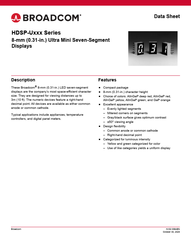 HDSP-U313 Ultra Mini Seven-Segment Displays by Broadcom - Datasheet Preview