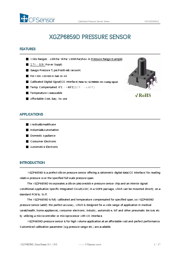 XGZP6859D Calibrated Pressure Sensor by CFSensor - Datasheet Preview