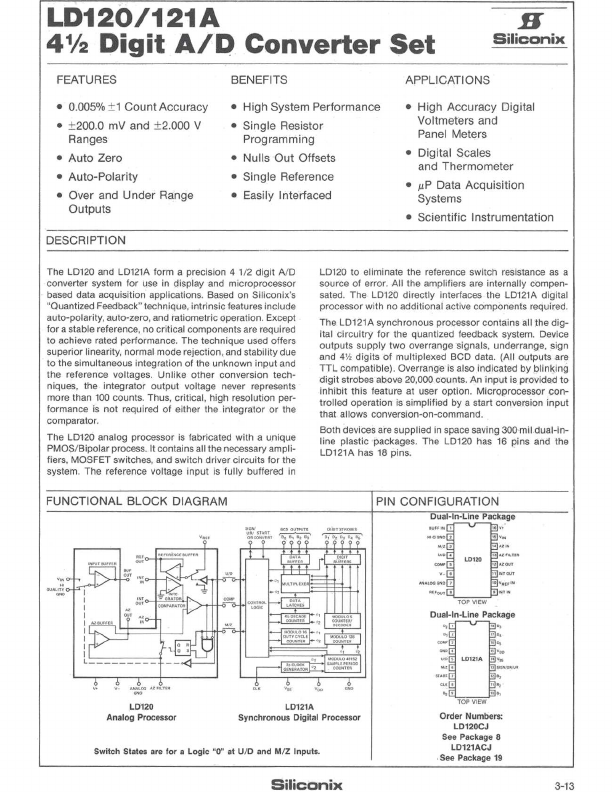 LD120 4 1/2 Digit A/D Converter Set by Siliconix - Datasheet Preview