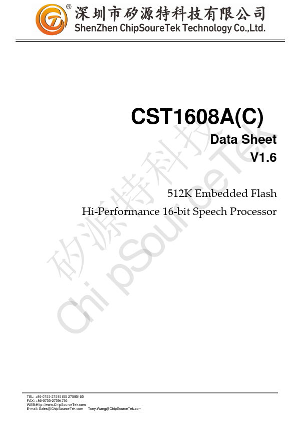 CST1608A Hi-Performance 16-bit Speech Processor by ChipSourceTek - Datasheet Preview