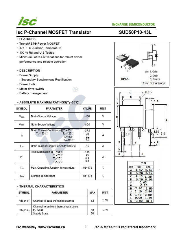 SUD50P10-43L