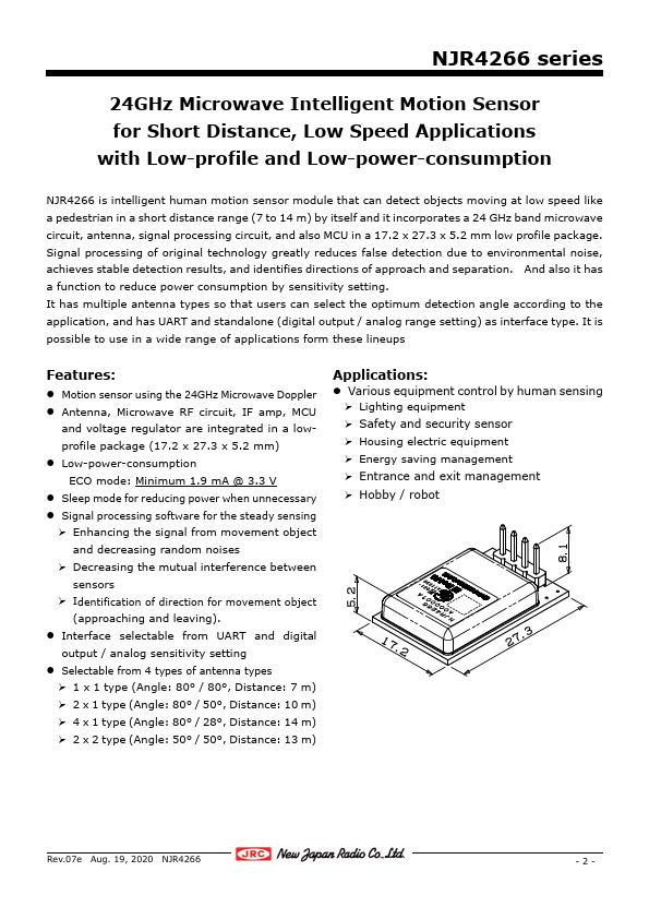 NJR4266 24GHz Microwave Intelligent Motion Sensor by New Japan Radio - Datasheet Preview