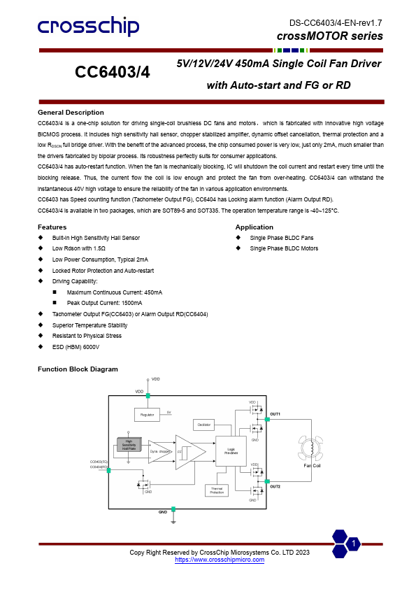 CC6404 5V/12V/24V 450mA Single Coil Fan Driver by CrossChip - Datasheet Preview