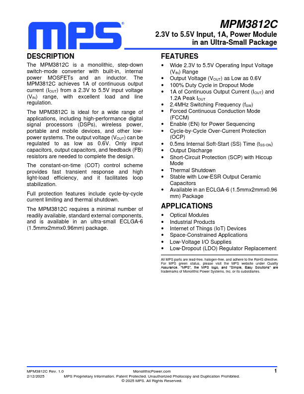 MPM3812C 1A Power Module by MPS - Datasheet Preview