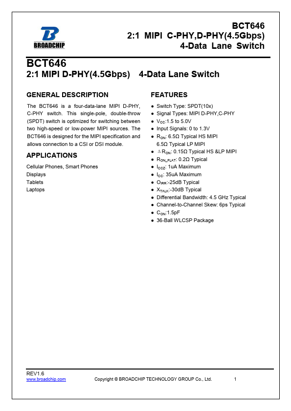 BCT646 2:1 MIPI C-PHY D-PHY 4-Data Lane Switch by BROADCHIP - Datasheet Preview