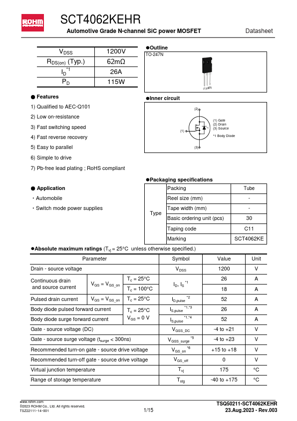SCT4062KEHR Automotive Grade N-channel SiC power MOSFET by ROHM - Datasheet Preview