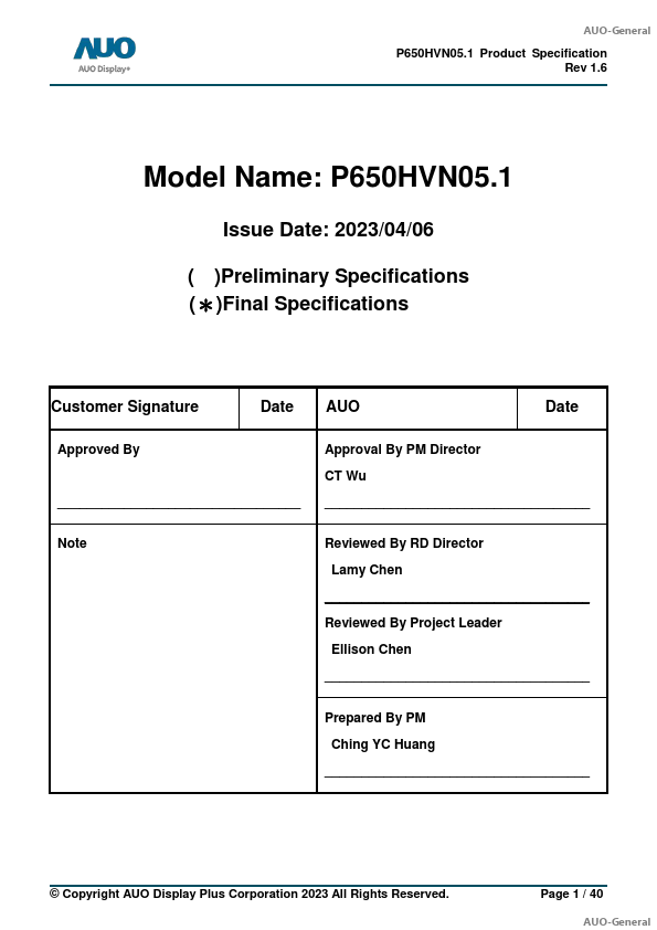 P650HVN05.1 Datasheet Preview