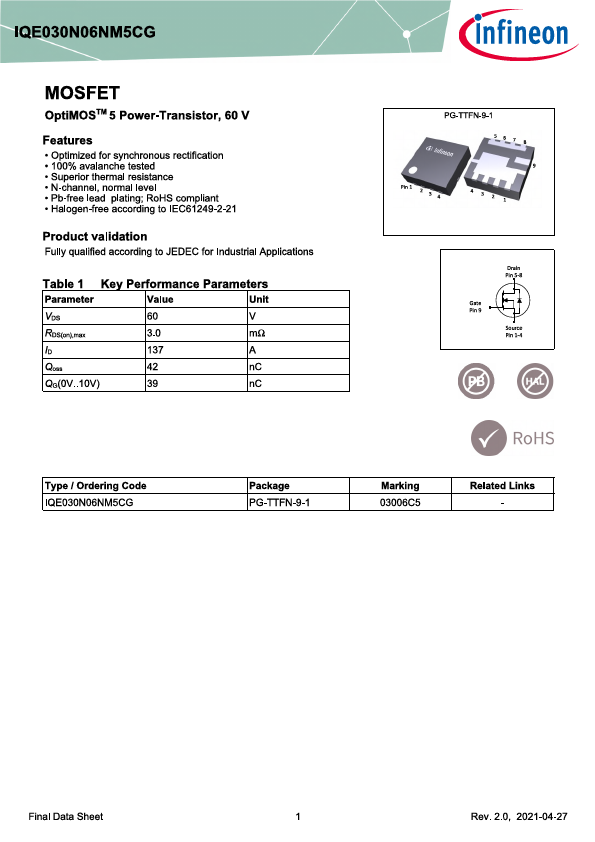 IQE030N06NM5CG Datasheet Preview