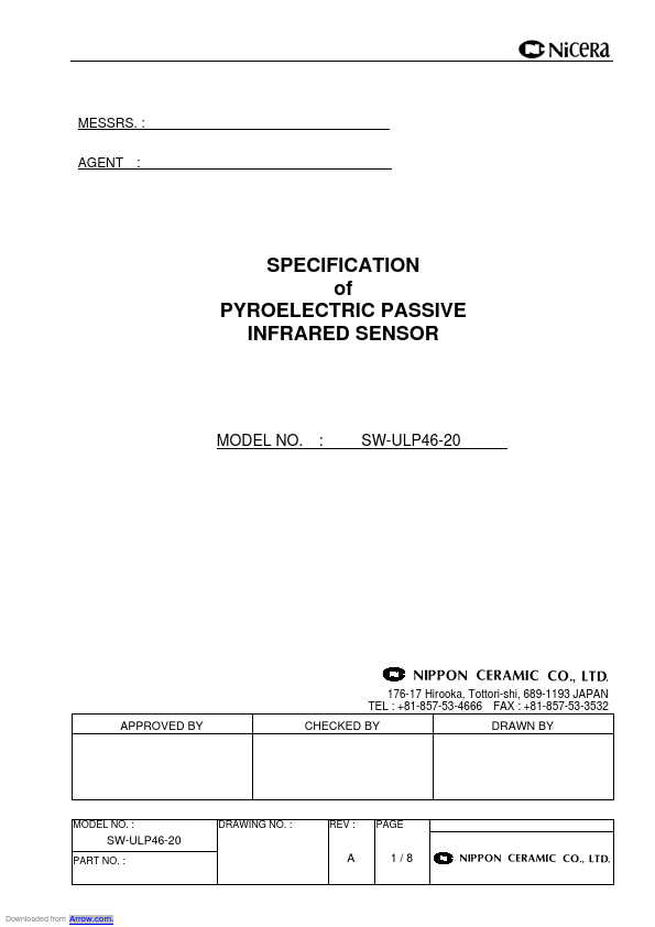 SW-ULP46-20 PYROELECTRIC PASSIVE INFRARED SENSOR by Nippon Ceramic - Datasheet Preview