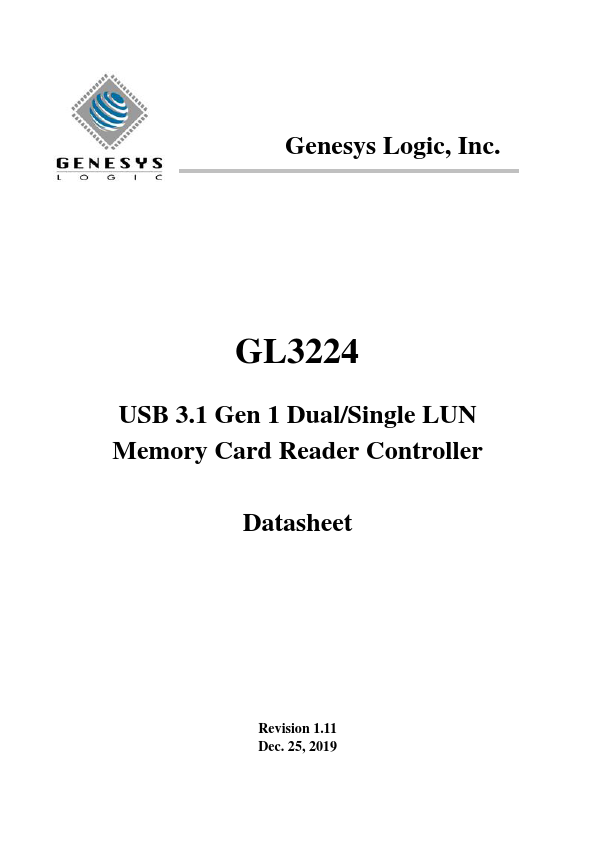 GL3224 USB 3.0 Dual/Single LUN Memory Card Reader Controller by Genesys Logic - Datasheet Preview