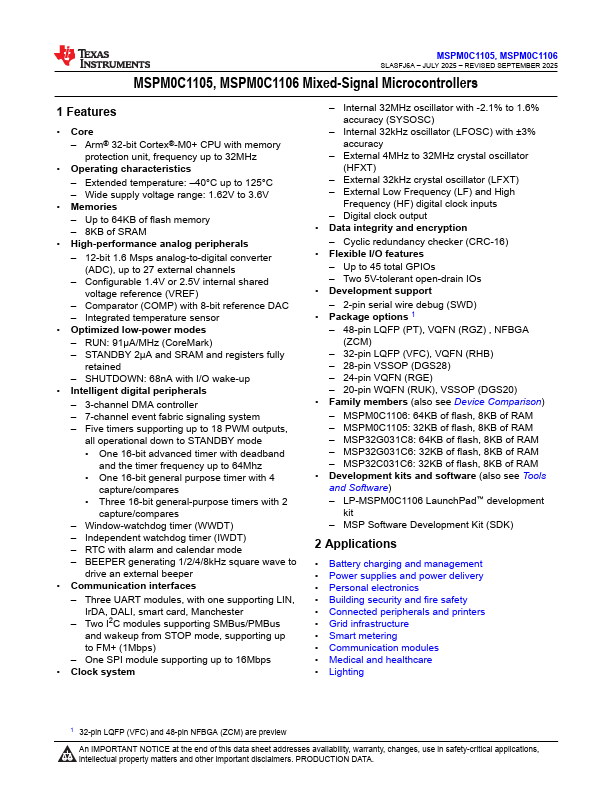 MSPM0C1105 Mixed-Signal Microcontrollers by Texas Instruments - Datasheet Preview