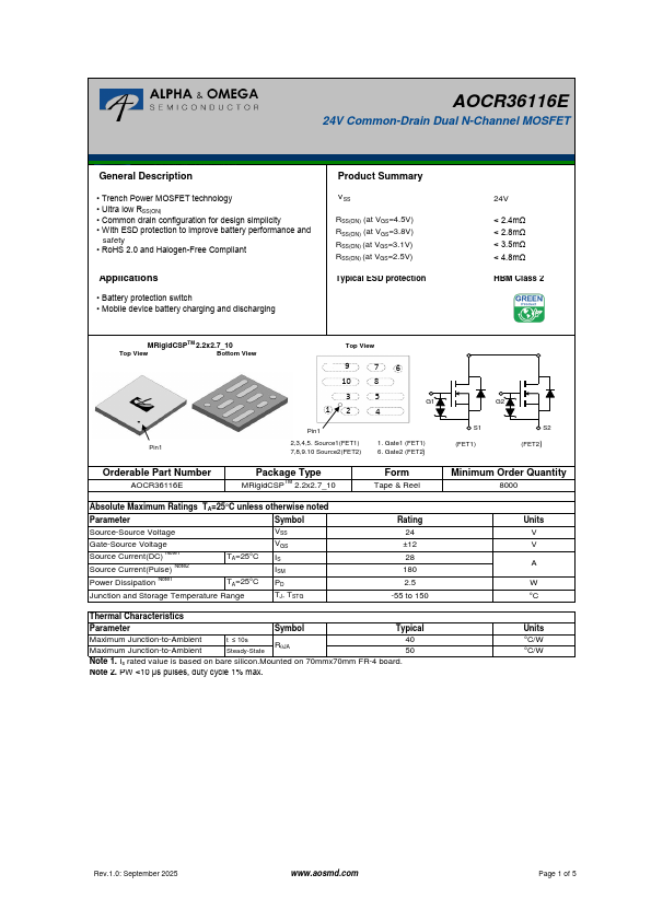 AOCR36116E 24V Common-Drain Dual N-Channel MOSFET by Alpha & Omega Semiconductors - Datasheet Preview