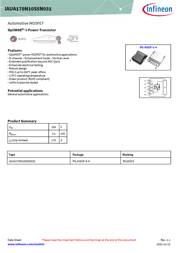 IAUA170N10S5N031 Datasheet Preview