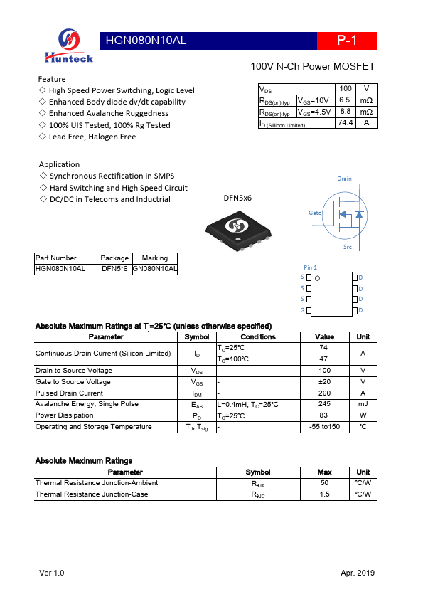 HGN080N10AL 100V N-Ch Power MOSFET by Hunteck - Datasheet Preview