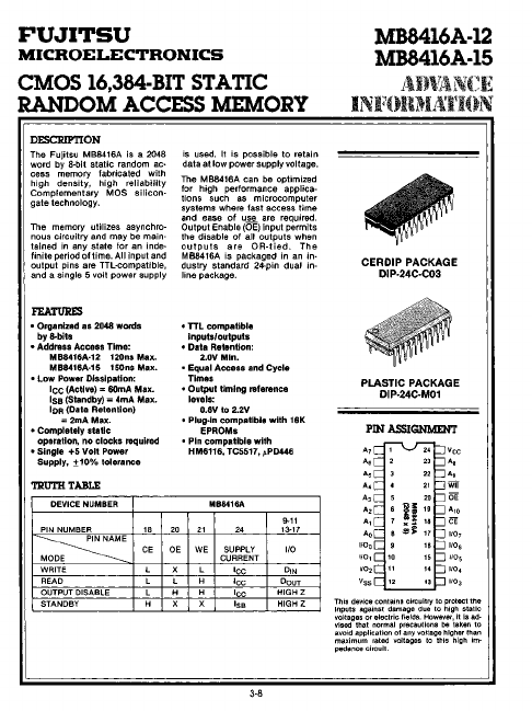 MB8416A-15 CMOS STATIC RANDOM ACCESS MEMORY by Fujitsu - Datasheet Preview