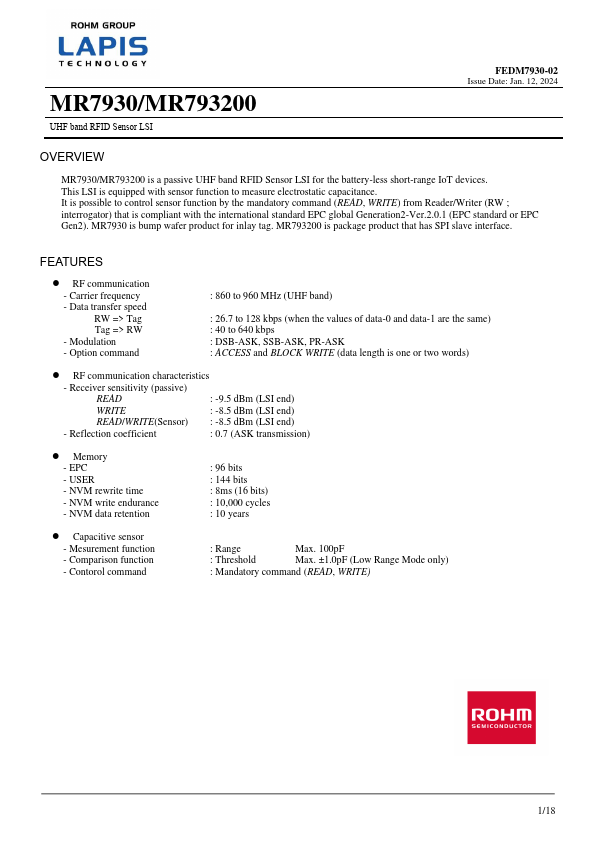 MR7930 UHF band RFID Sensor LSI by LAPIS - Datasheet Preview