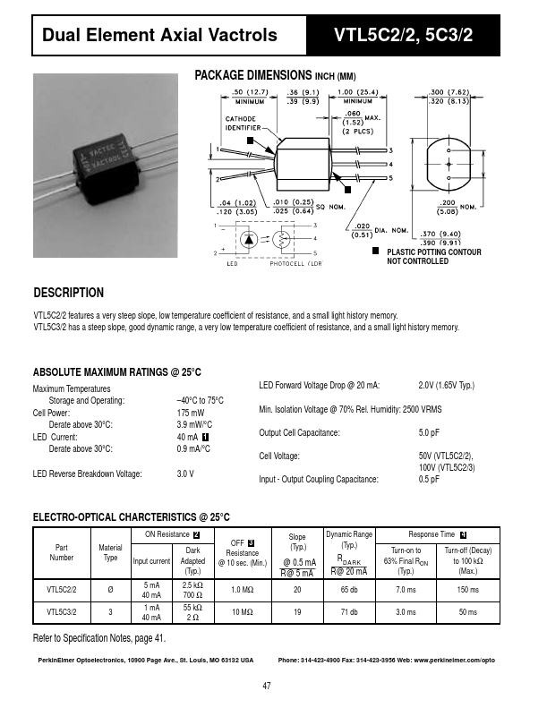 VTL5C3-2 Dual Element Axial Vactrols by PerkinElmer Optoelectronics - Datasheet Preview