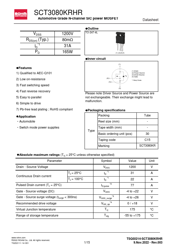 SCT3080KRHR Automotive Grade N-channel SiC power MOSFET by ROHM - Datasheet Preview